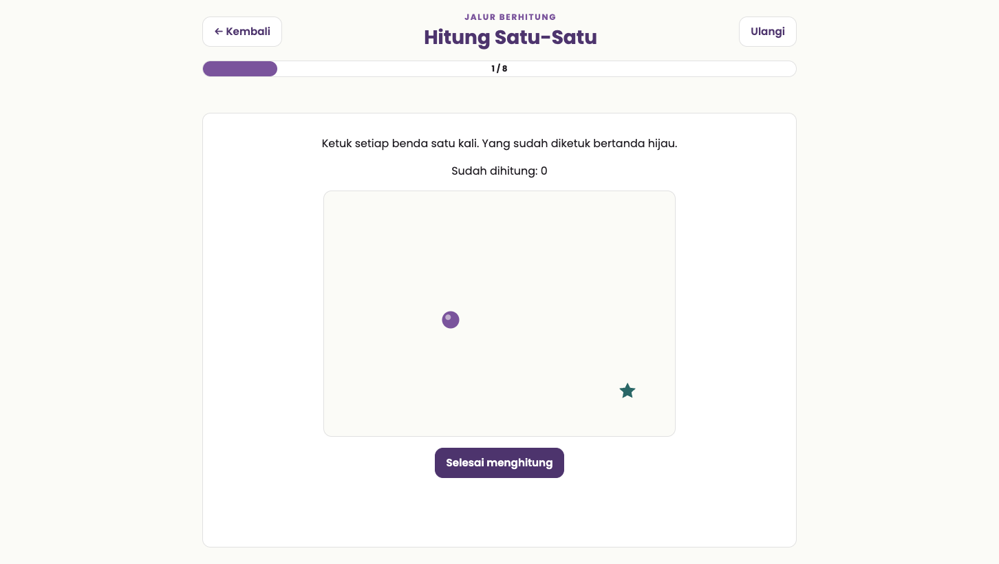 Tampilan Hitung Satu-Satu dengan benda yang diketuk satu per satu.