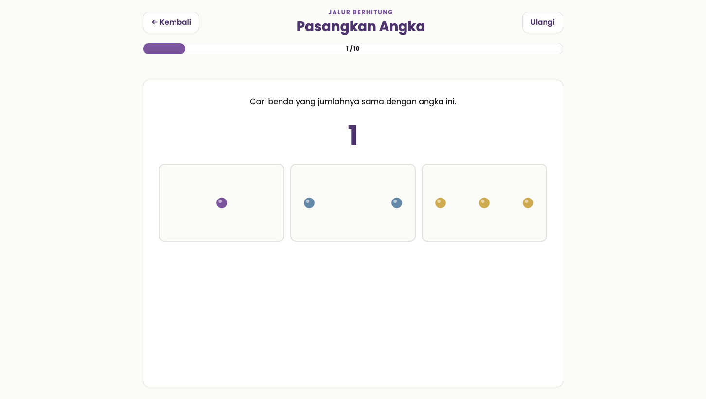 Tampilan Pasangkan Angka dengan tiga kelompok benda hitung.