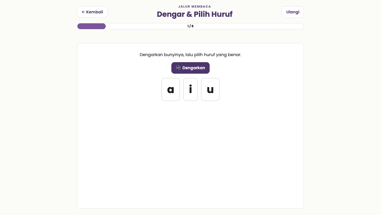 Tampilan Dengar & Pilih Huruf dengan tiga pilihan huruf a i u.