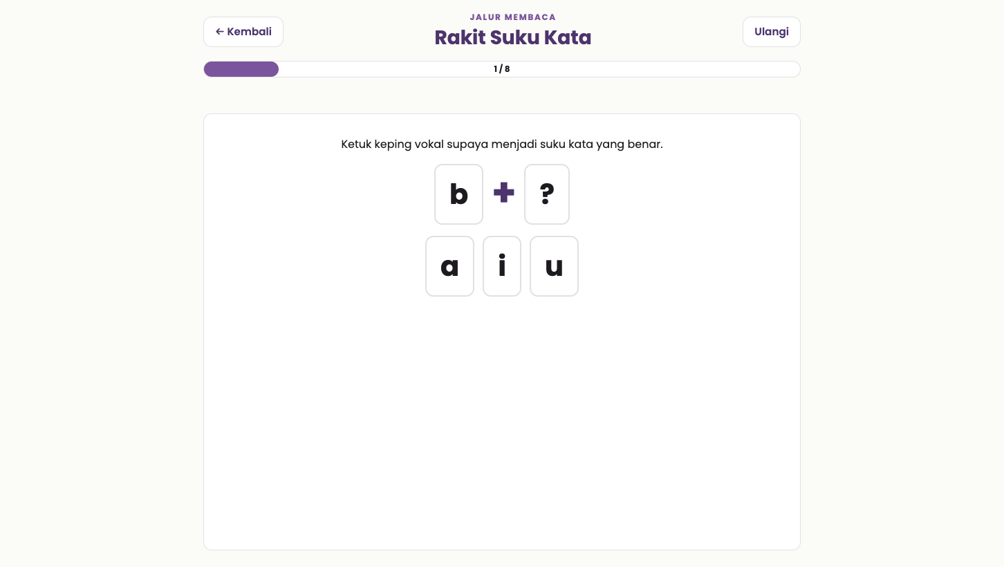 Tampilan Rakit Suku Kata dengan keping b dan pilihan vokal.