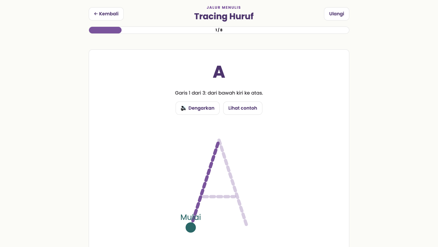 Tampilan Tracing Huruf dengan panduan goresan huruf A.